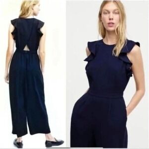 J. Crew Sleeveless Ruffle Jumpsuit‎ 365  Crepe in Navy Wide Leg Women's Size 12